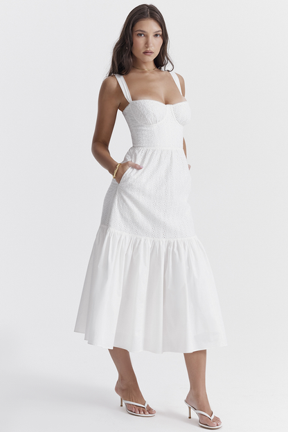 Broderie Anglaise Bustier Sweetheart Tiered Ruffle Hem Midi Dress