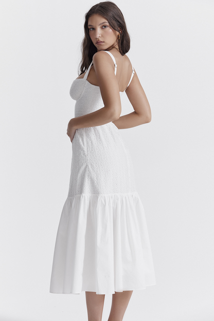 Sweetheart Neck Bustier Broderie Anglaise Tiered Ruffle Hem Midi Dress