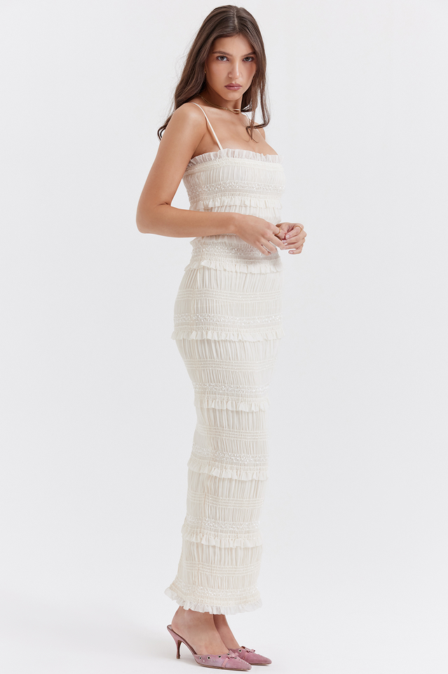 Square Neck Spaghetti Strap Smocked Tiered Ruffle Sequin Band Maxi Dress