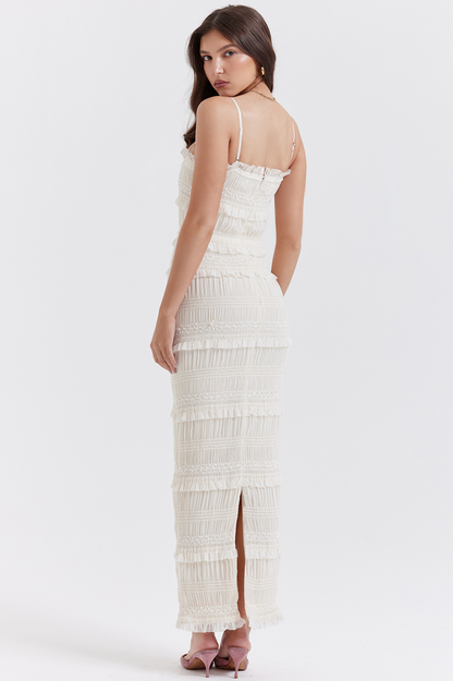 Square Neck Spaghetti Strap Smocked Tiered Ruffle Sequin Band Maxi Dress