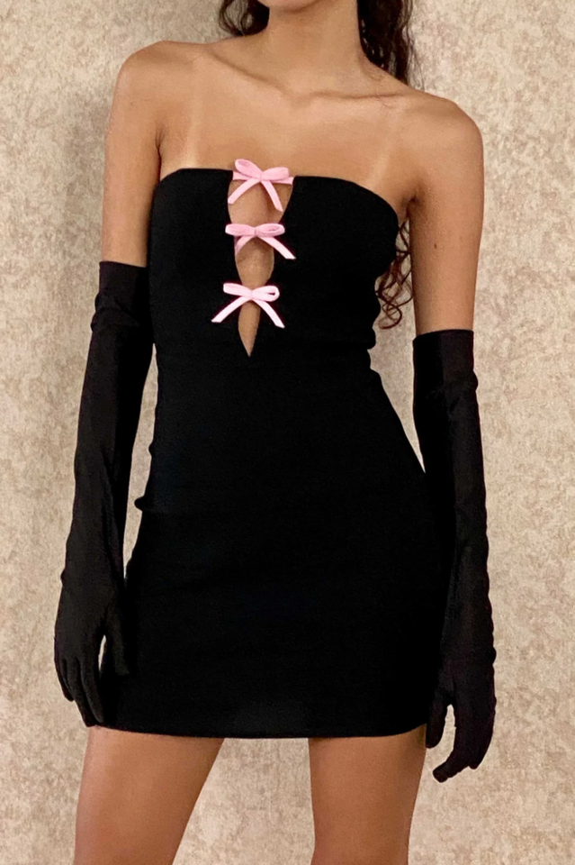 Strapless Sweetheart Neck Bow Detail Front Cutout Bodycon Mini Dress