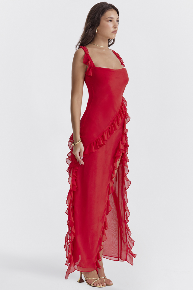 Square Neck Ruffle Strap Tiered Ruffle High Slit Maxi Dress