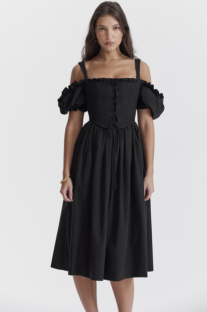 Eyelet Lace-Up Corset Puff Sleeve Cold Shoulder Fit-and-Flare Midi Dress