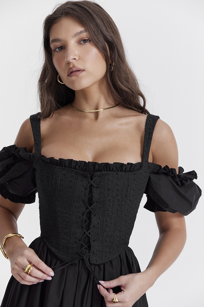 Eyelet Lace-Up Corset Puff Sleeve Cold Shoulder Fit-and-Flare Midi Dress
