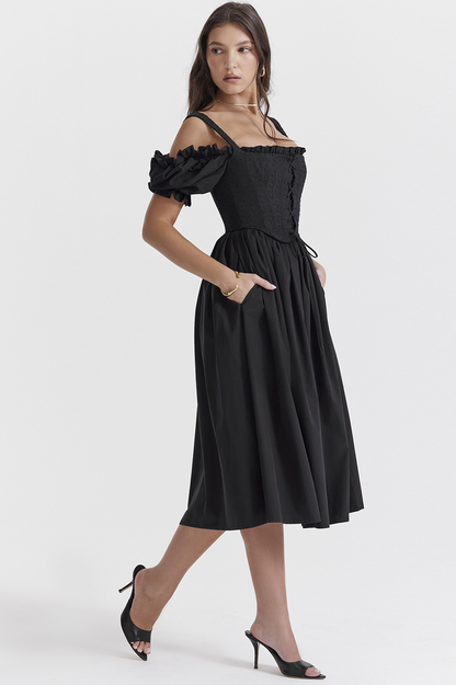 Eyelet Lace-Up Corset Puff Sleeve Cold Shoulder Fit-and-Flare Midi Dress