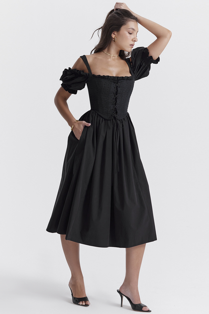 Eyelet Lace-Up Corset Puff Sleeve Cold Shoulder Fit-and-Flare Midi Dress