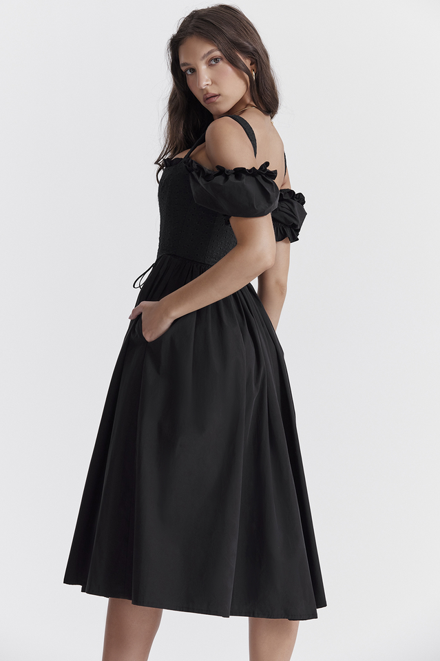 Eyelet Lace-Up Corset Puff Sleeve Cold Shoulder Fit-and-Flare Midi Dress