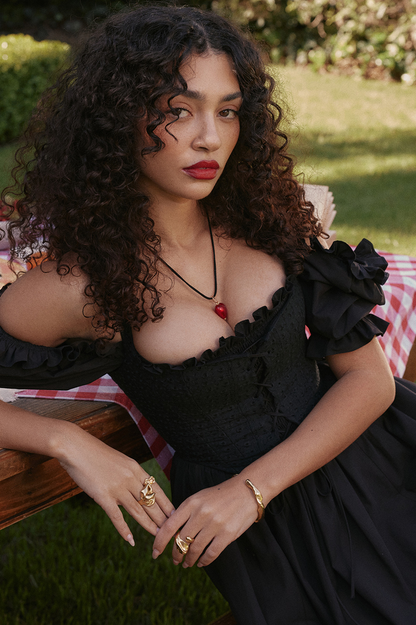 Eyelet Lace-Up Corset Puff Sleeve Cold Shoulder Fit-and-Flare Midi Dress