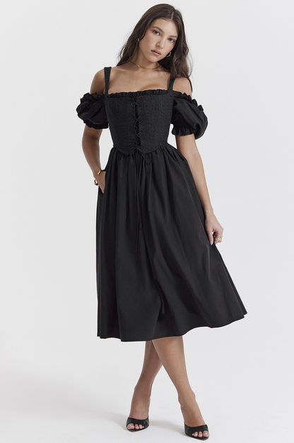 Eyelet Lace-Up Corset Puff Sleeve Cold Shoulder Fit-and-Flare Midi Dress