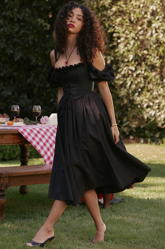 Eyelet Lace-Up Corset Puff Sleeve Cold Shoulder Fit-and-Flare Midi Dress
