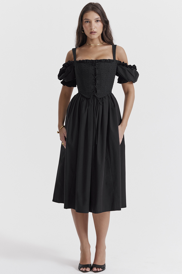 Eyelet Lace-Up Corset Puff Sleeve Cold Shoulder Fit-and-Flare Midi Dress
