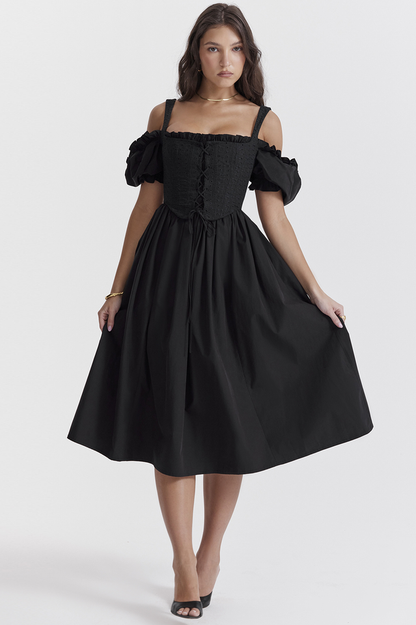 Eyelet Lace-Up Corset Puff Sleeve Cold Shoulder Fit-and-Flare Midi Dress