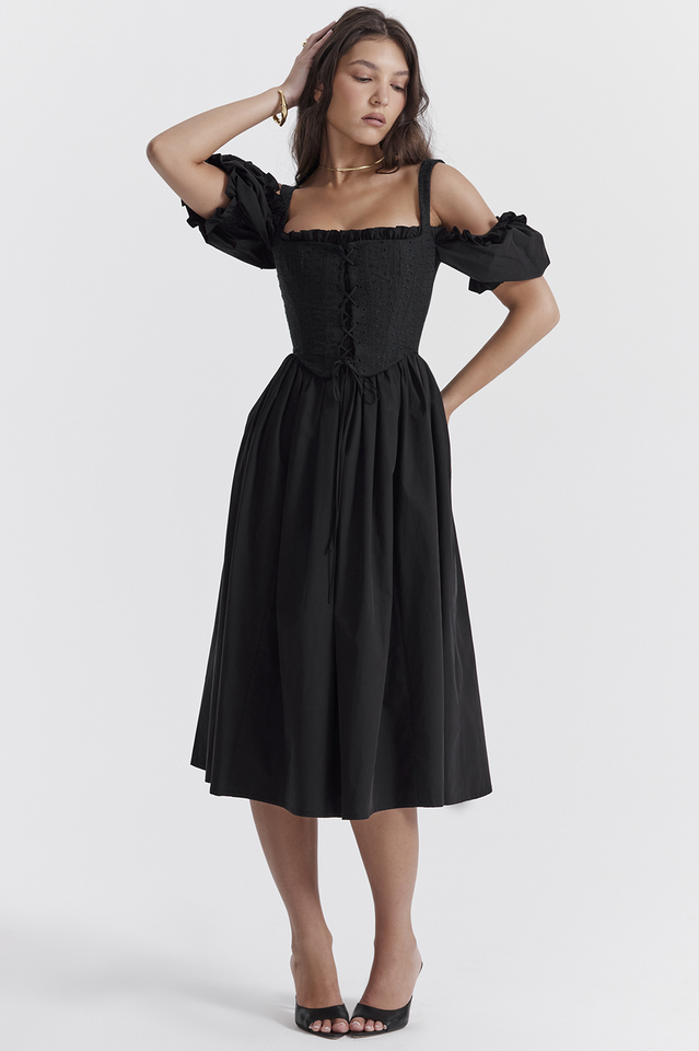 Eyelet Lace-Up Corset Puff Sleeve Cold Shoulder Fit-and-Flare Midi Dress