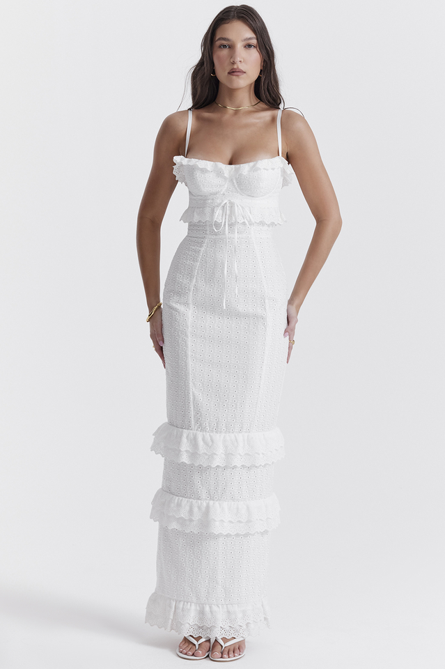 Eyelet Lace Bustier Tiered Ruffle Spaghetti Strap Maxi Dress