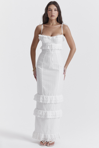 Eyelet Lace Bustier Tiered Ruffle Spaghetti Strap Maxi Dress