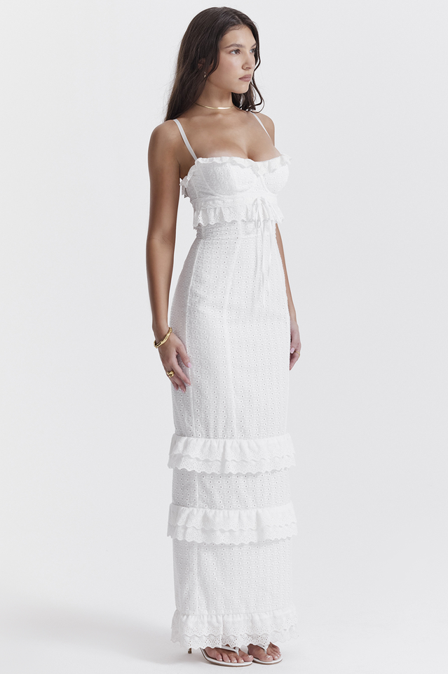 Eyelet Lace Bustier Tiered Ruffle Spaghetti Strap Maxi Dress