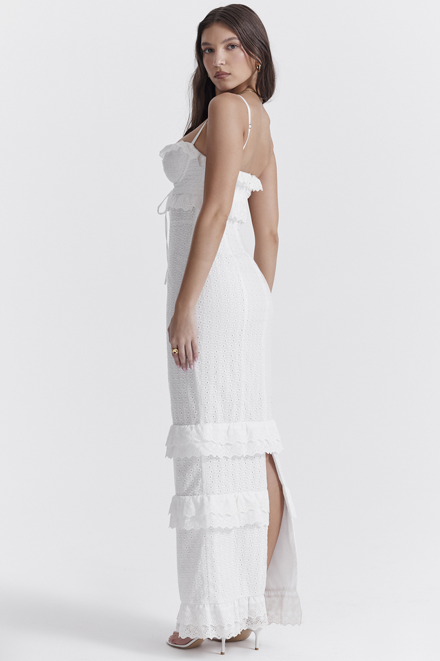 Eyelet Lace Bustier Tiered Ruffle Spaghetti Strap Maxi Dress