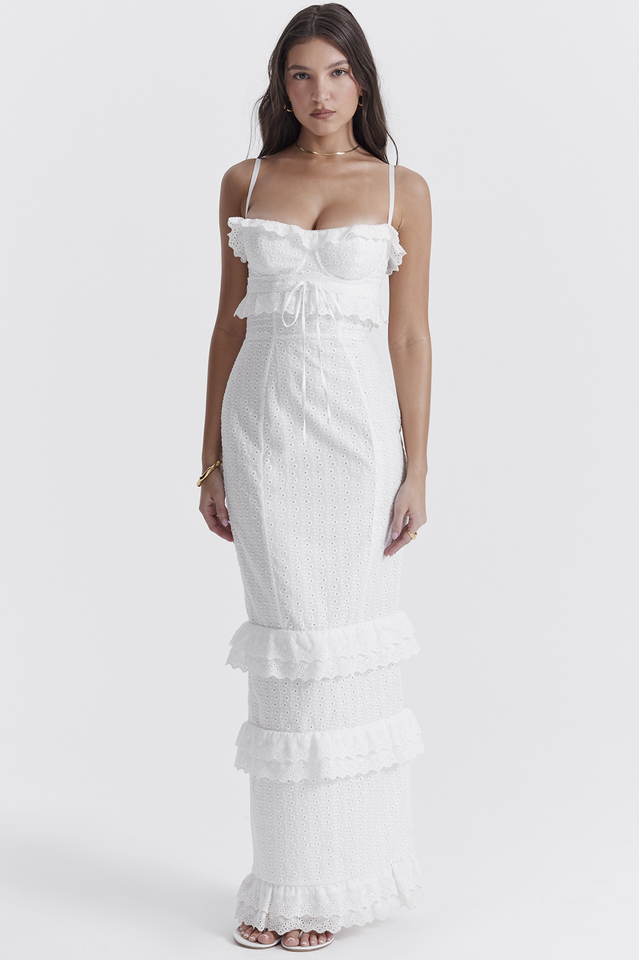 Eyelet Lace Bustier Tiered Ruffle Spaghetti Strap Maxi Dress