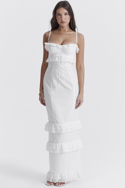 Eyelet Lace Bustier Tiered Ruffle Spaghetti Strap Maxi Dress