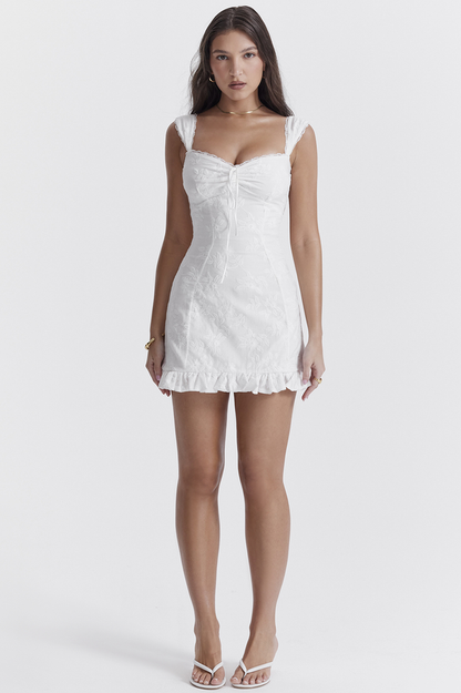 Floral Embroidered Tie-Front Sweetheart Ruffle Hem Mini Dress