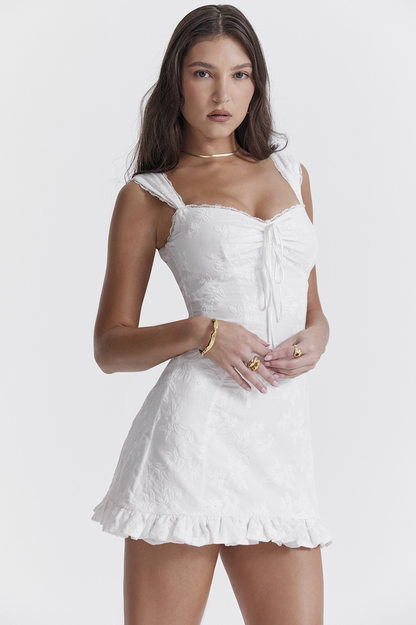 Floral Embroidered Tie-Front Sweetheart Ruffle Hem Mini Dress