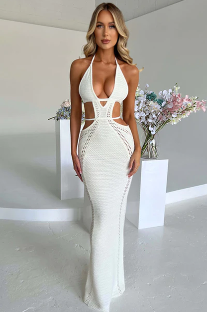 Crochet Halter Plunging V-Neck Side Cutout Pointelle Maxi Dress
