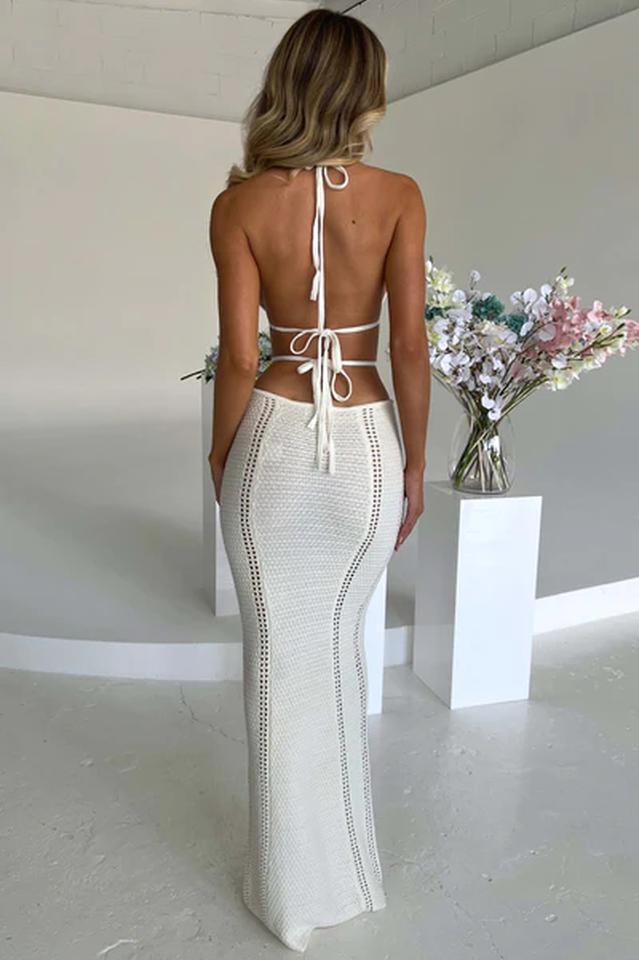 Crochet Halter Plunging V-Neck Side Cutout Pointelle Maxi Dress