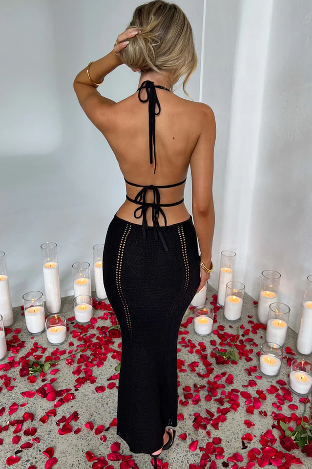 Crochet Halter Plunging V-Neck Side Cutout Pointelle Maxi Dress