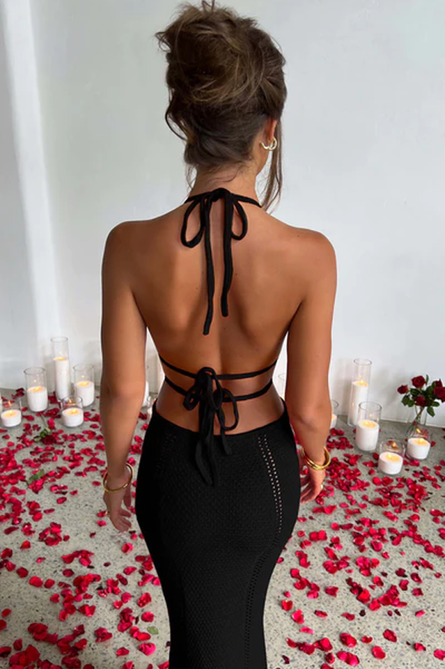 Crochet Halter Plunging V-Neck Side Cutout Pointelle Maxi Dress