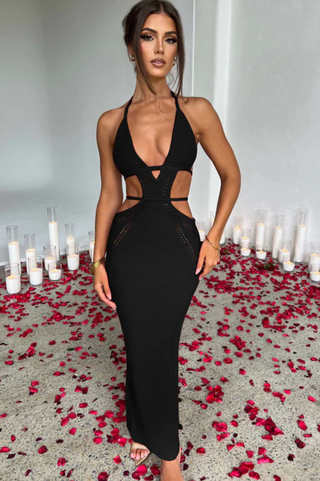 Crochet Halter Plunging V-Neck Side Cutout Pointelle Maxi Dress