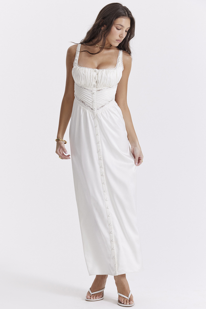 Lace Trim Square Neck Button Front Corset Waist Maxi Dress
