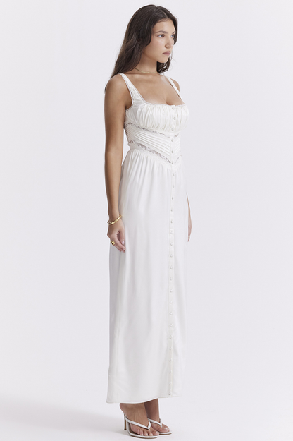 Lace Trim Square Neck Button Front Corset Waist Maxi Dress
