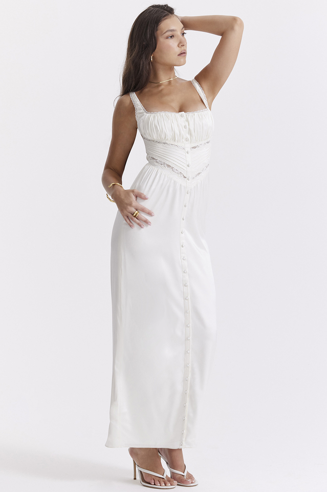 Lace Trim Square Neck Button Front Corset Waist Maxi Dress