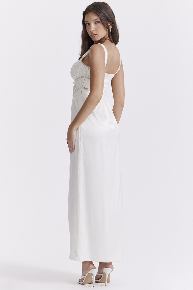 Lace Trim Square Neck Button Front Corset Waist Maxi Dress