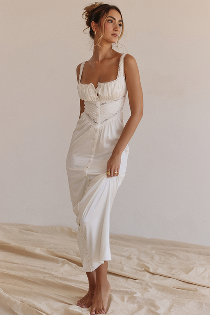 Lace Trim Square Neck Button Front Corset Waist Maxi Dress