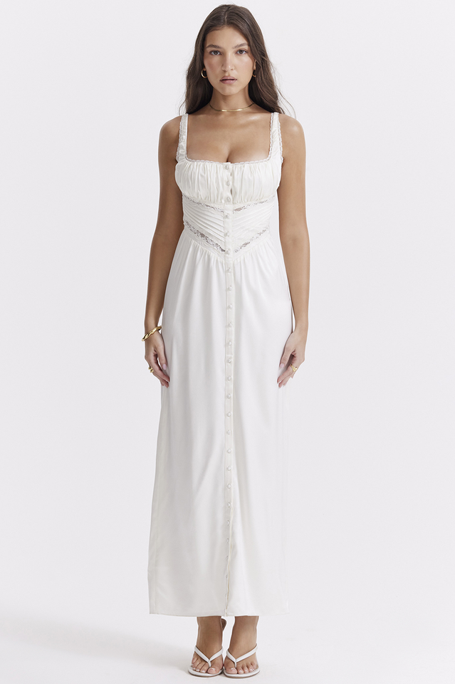 Lace Trim Square Neck Button Front Corset Waist Maxi Dress