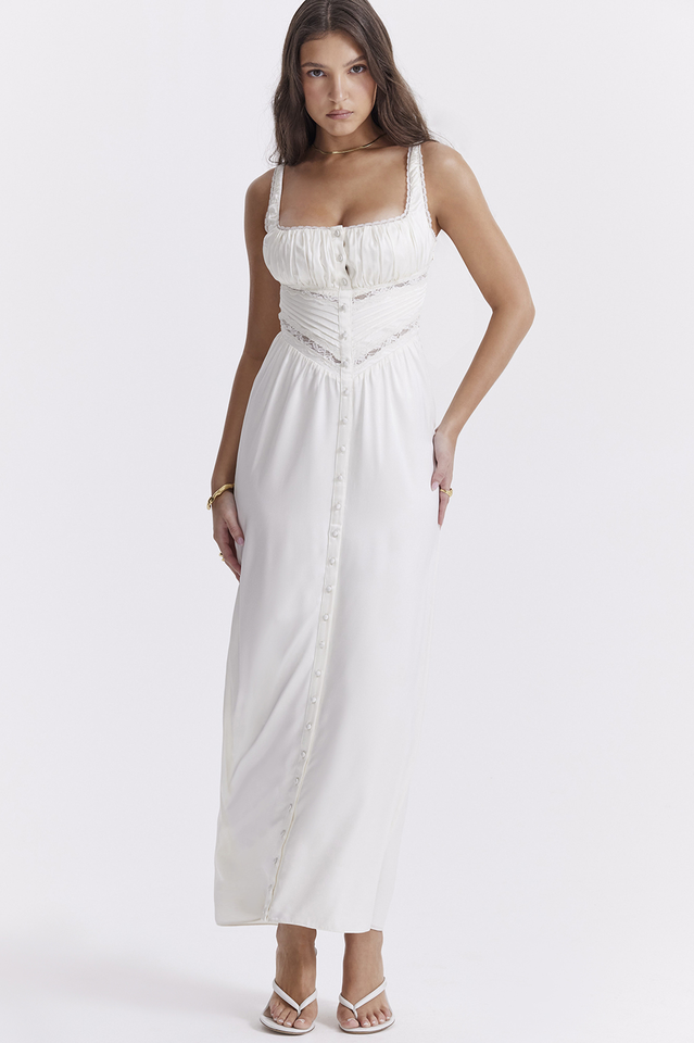 Lace Trim Square Neck Button Front Corset Waist Maxi Dress