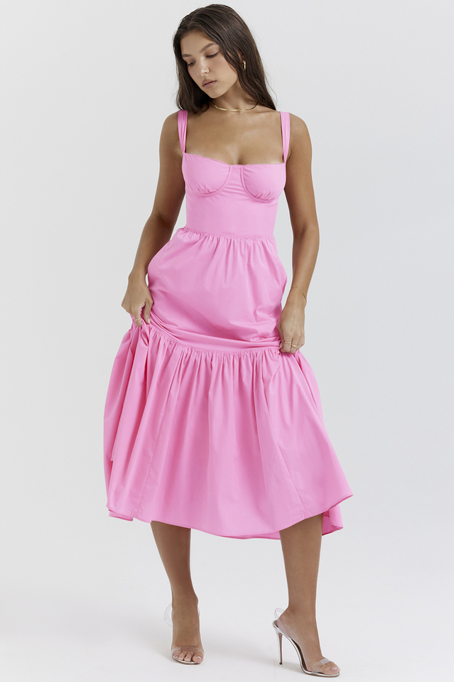 Sweetheart Bustier Wide Strap Tiered Flounce Hem A-Line Midi Dress