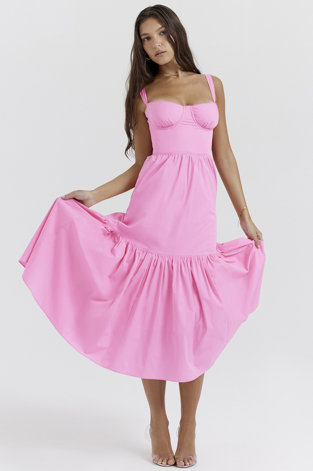 Sweetheart Bustier Wide Strap Tiered Flounce Hem A-Line Midi Dress