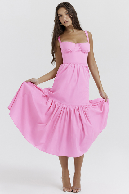 Sweetheart Bustier Wide Strap Tiered Flounce Hem A-Line Midi Dress