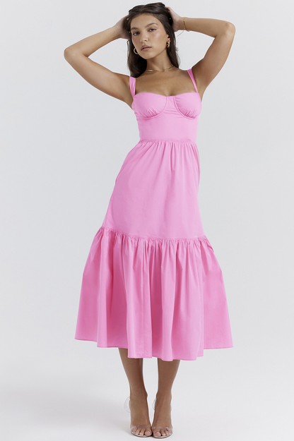 Sweetheart Bustier Wide Strap Tiered Flounce Hem A-Line Midi Dress