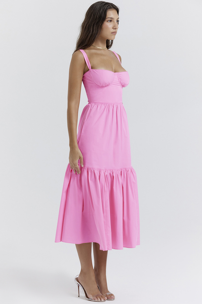 Sweetheart Bustier Wide Strap Tiered Flounce Hem A-Line Midi Dress