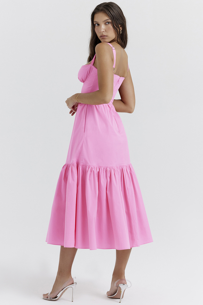 Sweetheart Bustier Wide Strap Tiered Flounce Hem A-Line Midi Dress