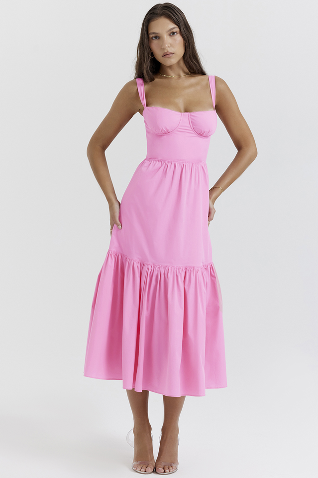 Sweetheart Bustier Wide Strap Tiered Flounce Hem A-Line Midi Dress