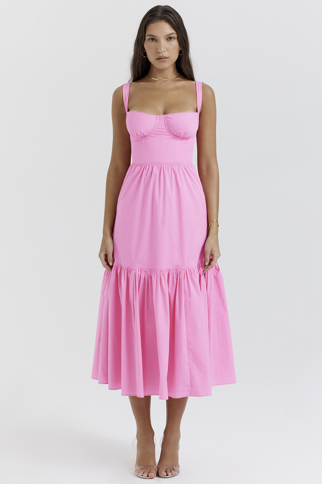 Sweetheart Bustier Wide Strap Tiered Flounce Hem A-Line Midi Dress
