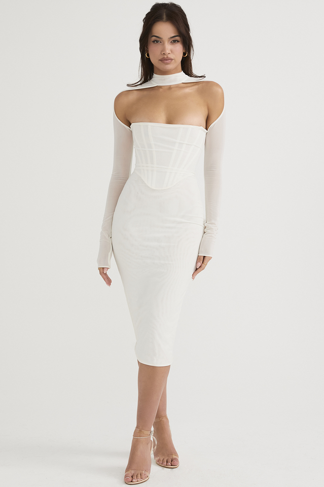 High Neck Sheer Mesh Sleeve Chest Cutout Bodycon Midi Dress