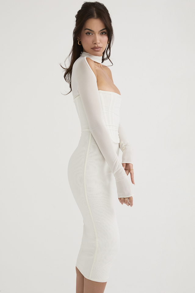 High Neck Sheer Mesh Sleeve Chest Cutout Bodycon Midi Dress