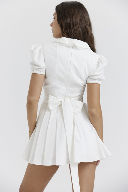 Lace Trim Collar Puff Sleeve Corset Pleated Mini Dress
