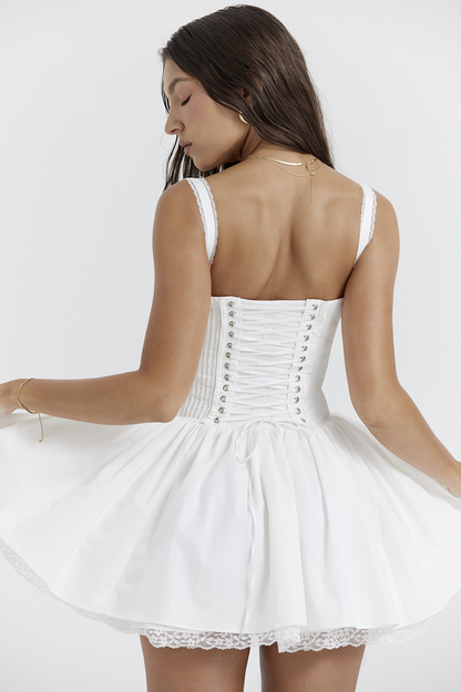 Corset Tie-Front Lace Trim Bubble Skirt Mini Dress