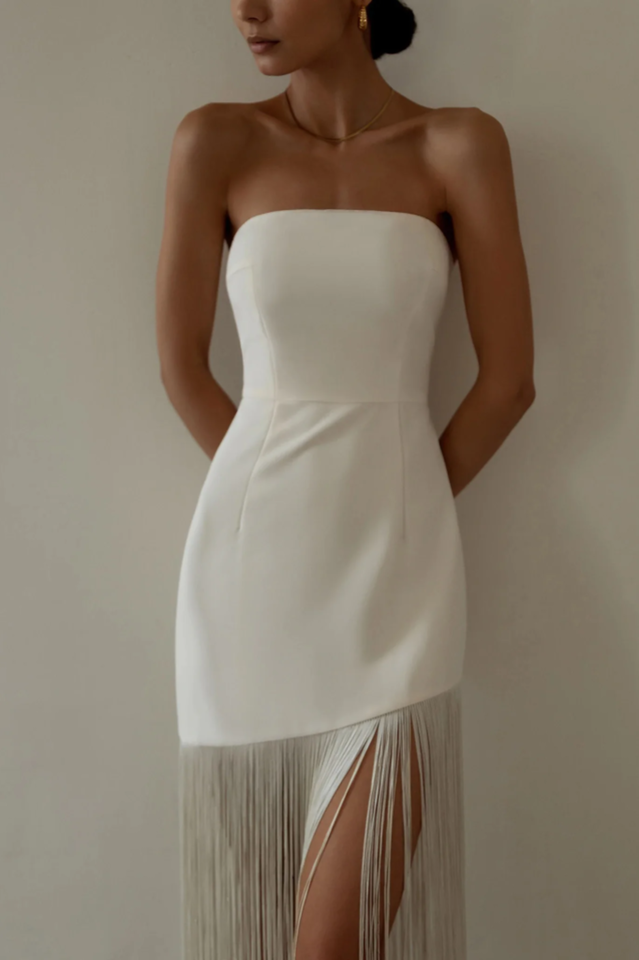 Strapless Side Slit Fringe Trim Bandeau Mini Dress